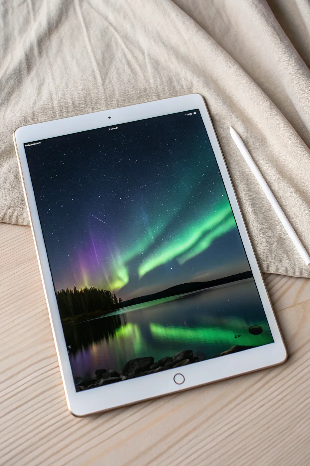 Paint a serene aurora over dark water in bold greens and violets, minimalist and calming.