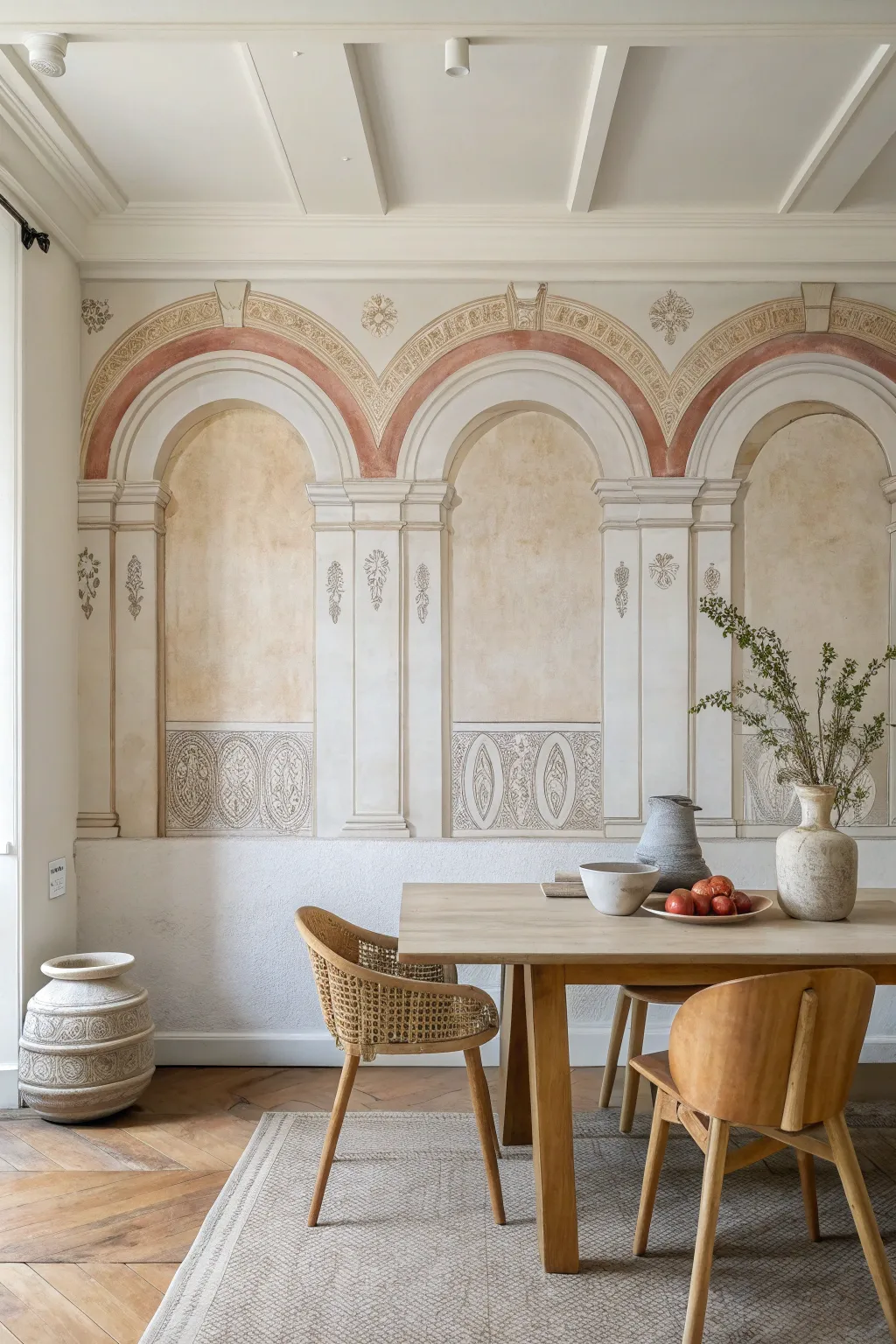 Trompe loeil arches and niche mural for a minimalist dining room with warm, dimensional shadows
