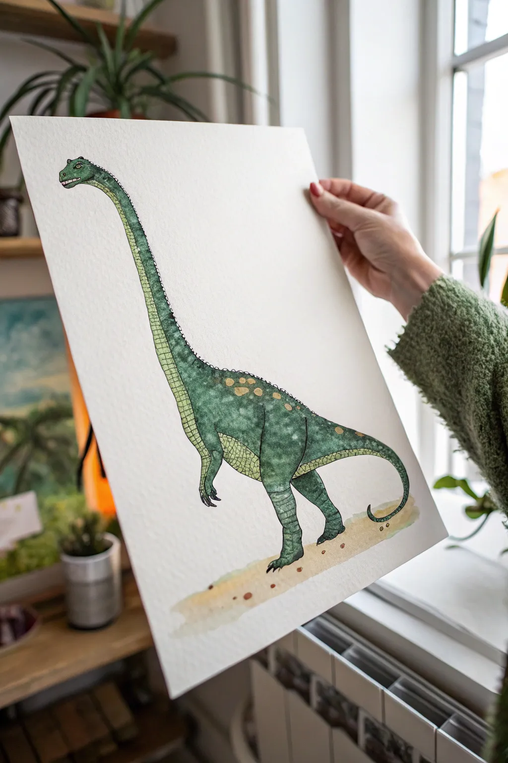 Sponge-dabbed dino skin in layered greens, creating bold scaly texture with clean minimalist contrast.