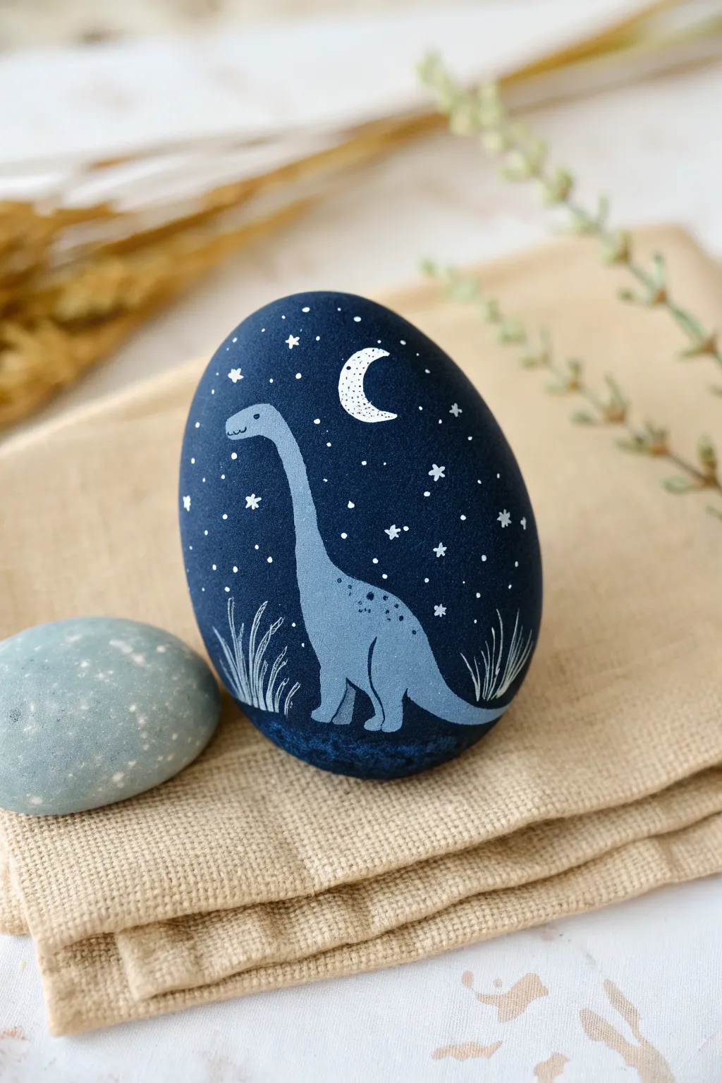 Dreamy night-sky dinosaur rock painting with moon glow and delicate star speckles