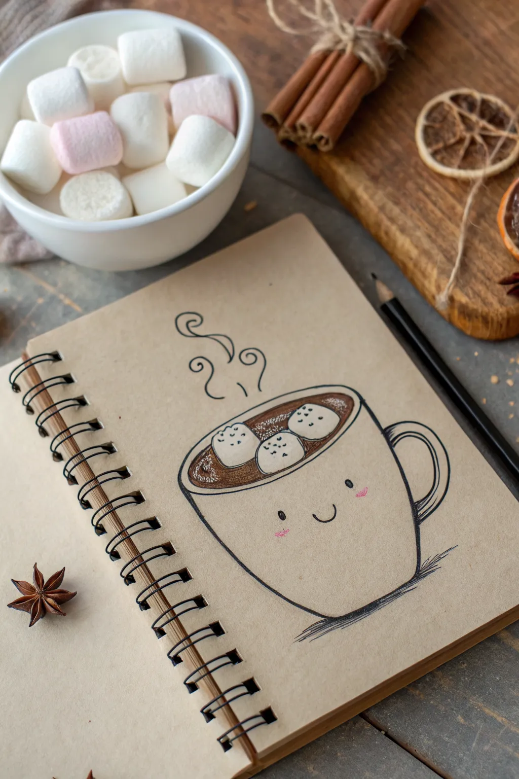 Cozy hot cocoa mug directed drawing with marshmallows and steam, in a minimalist boho palette.