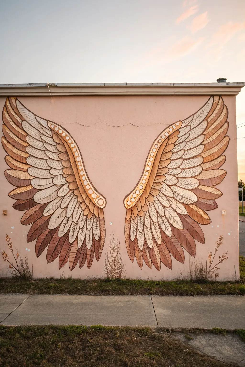 Layered skin-tone wings on a soft pastel wall, a minimalist photo-spot celebrating inclusion.