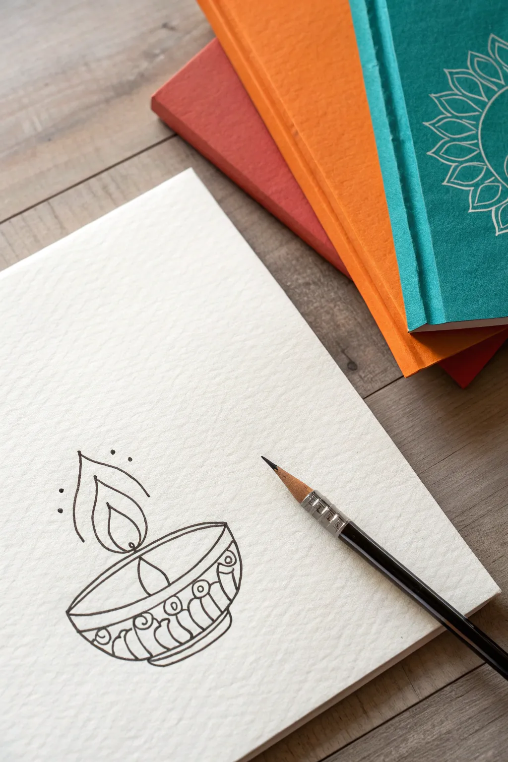Minimal one-line diya with bold color pops for a modern, calming Diwali sketch idea.