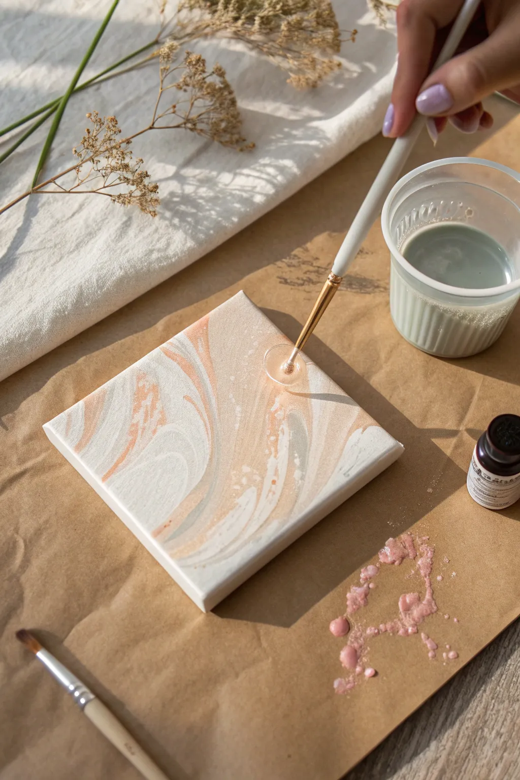 Simple acrylic pour flow: soft boho ribbons on a clean canvas, ready to dry and admire.