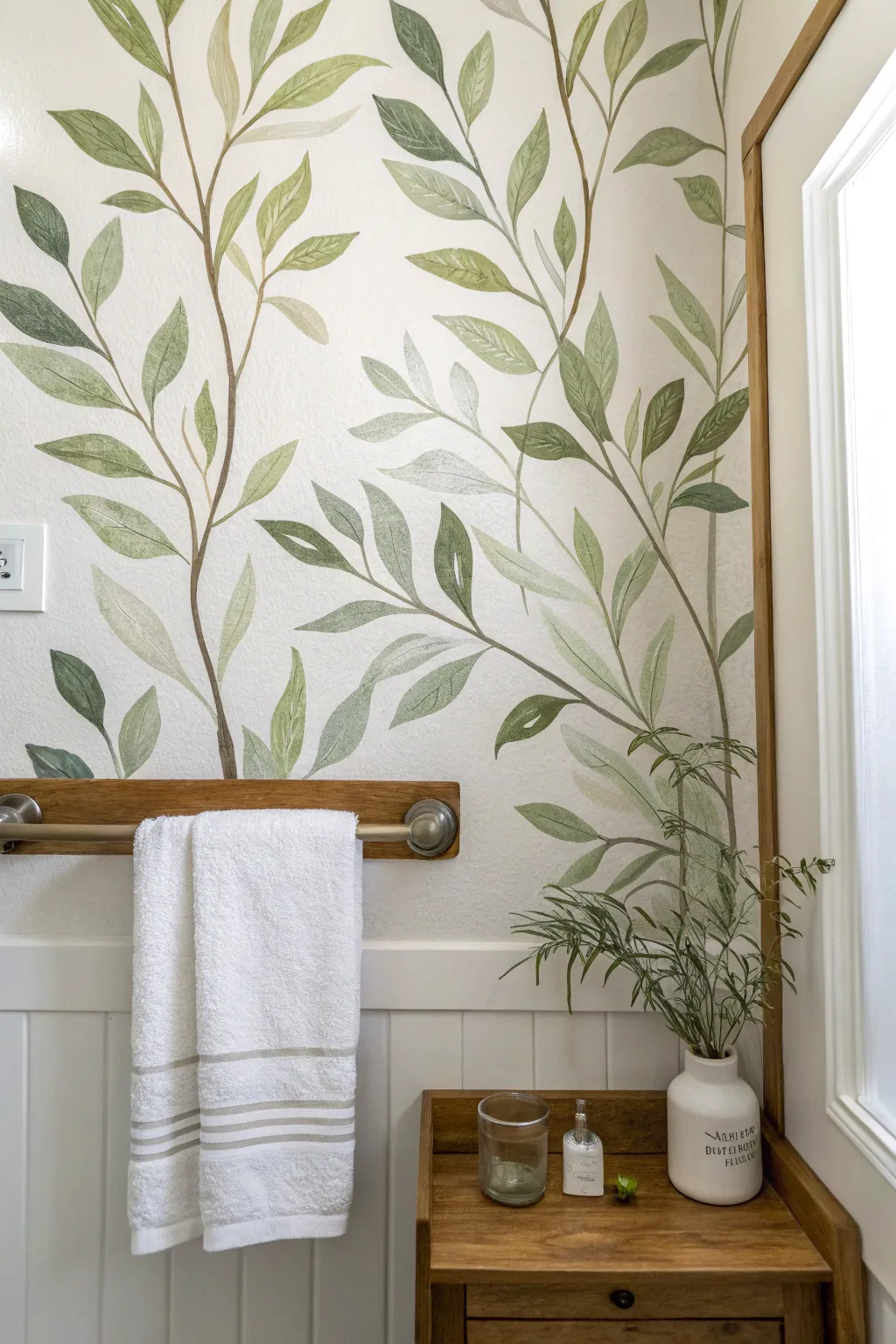 Minimal botanical mini mural idea to elevate a calm, feminine bathroom wall with simple brushwork