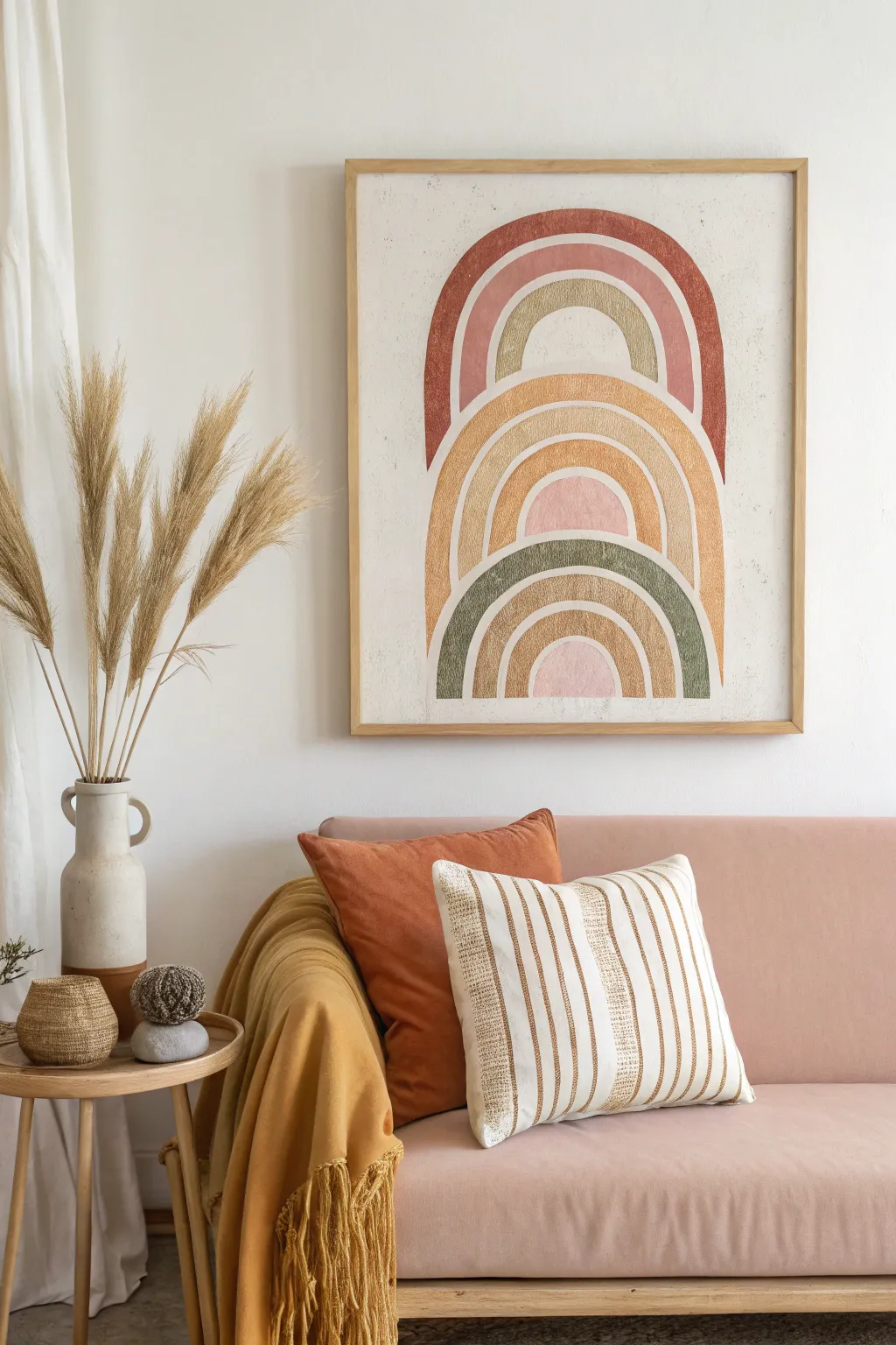 Layered arch stencil canvas in cozy living room tones, styled clean above the sofa.