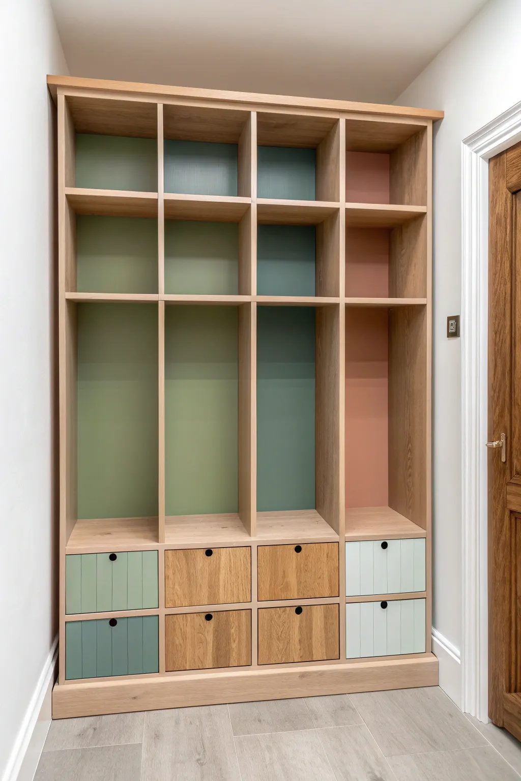 Muted color-blocked cubbies make sorting shoes and sweaters feel calm and intentional.