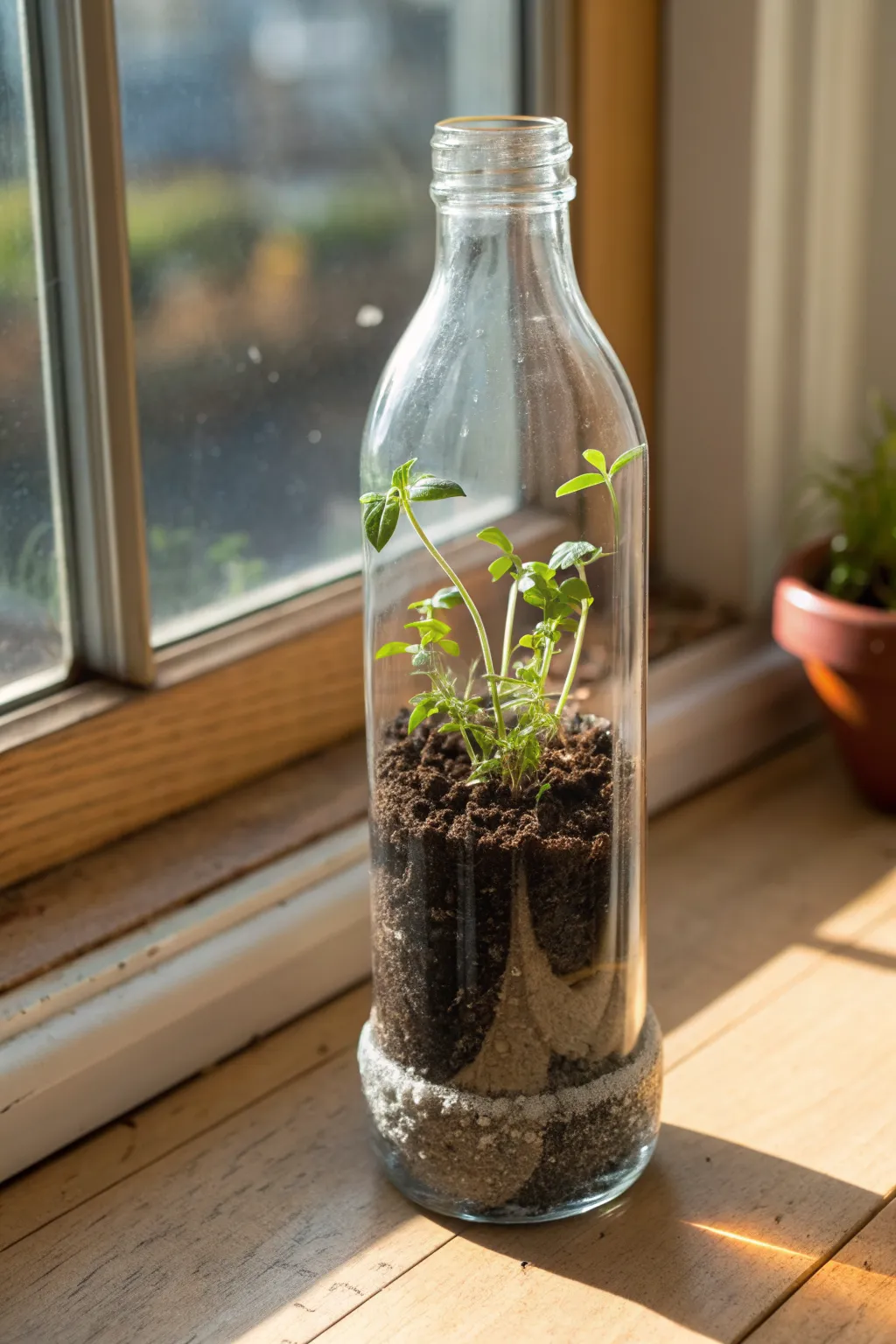 DIY self-watering herb planter from a glass bottle, minimalist Scandinavian style with boho warmth.