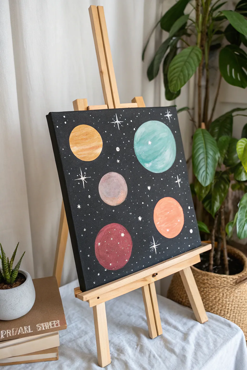 Paint a dark night sky and bright planet dots with a sponge for an easy DIY canvas idea.