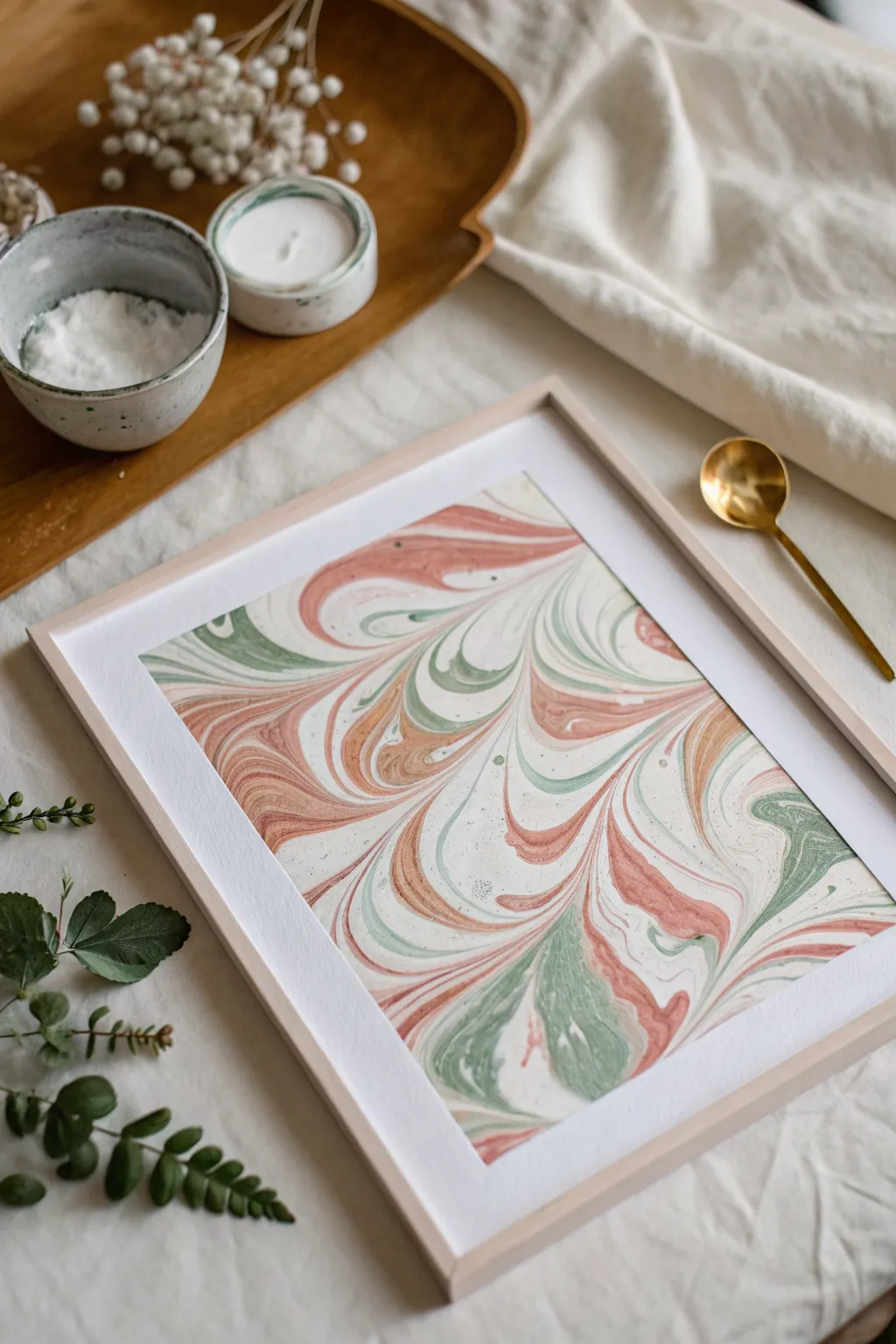 Dreamy foam-swirled marbled paper reveal in soft pastel tones, minimalist craft workspace