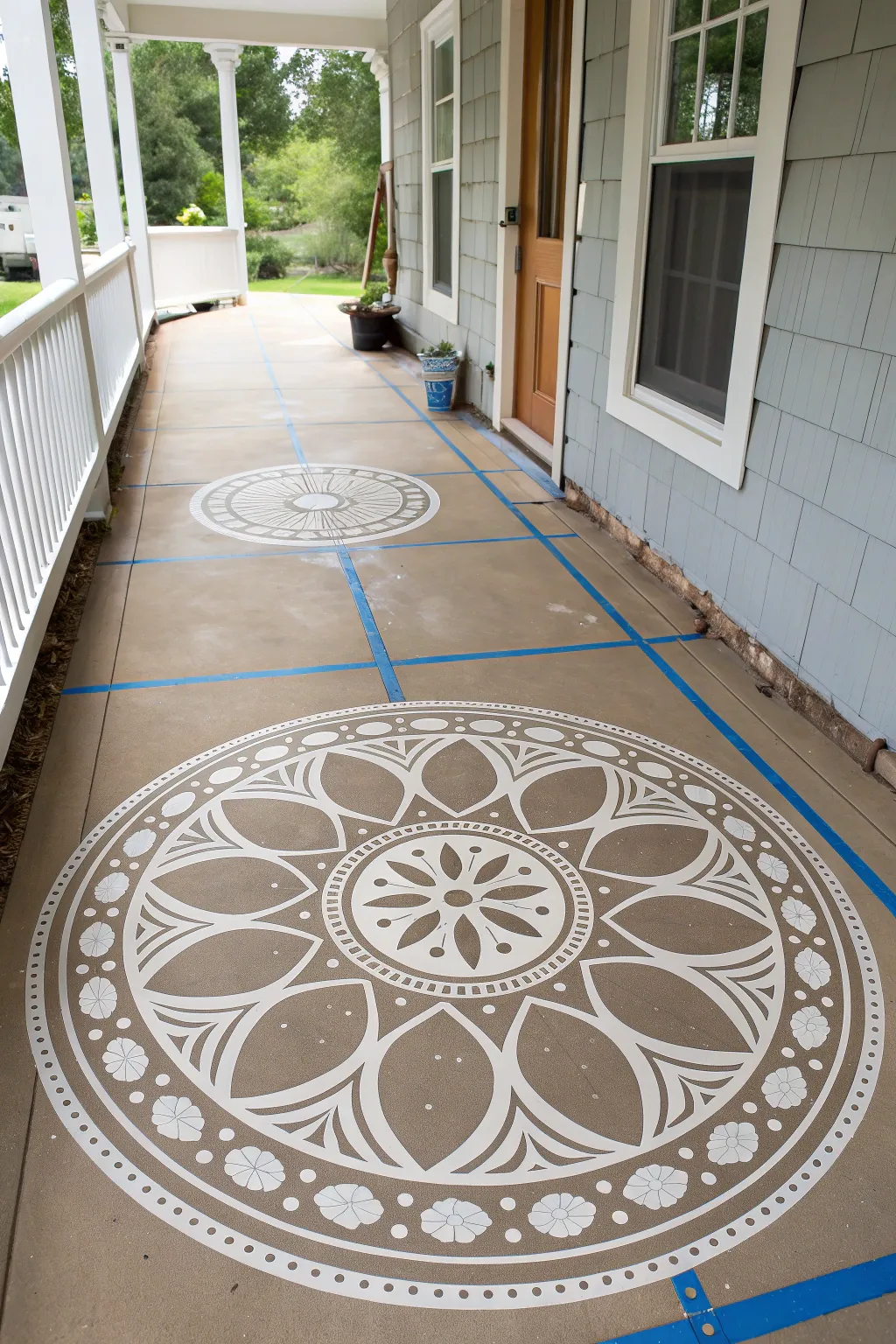 A bold painted medallion centered with chalk guides for an easy, dramatic concrete floor upgrade