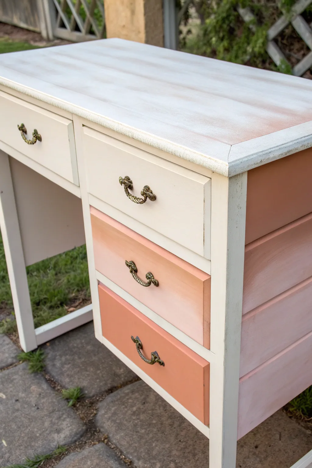Soft ombre drawers turn a simple desk into a calm statement piece with handmade charm.