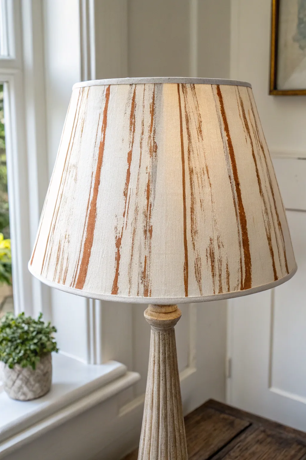 Dry-brush weathered lines give this lampshade a soft, sun-worn Scandinavian-boho charm.