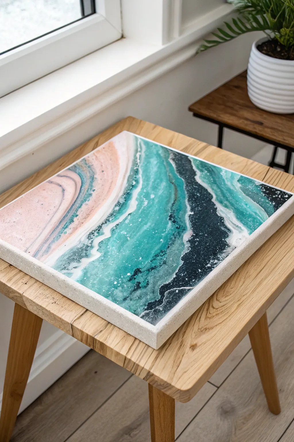 Bold acrylic-pour ribbons sealed in clear resin, creating a liquid-glass tabletop finish with calm contrast.