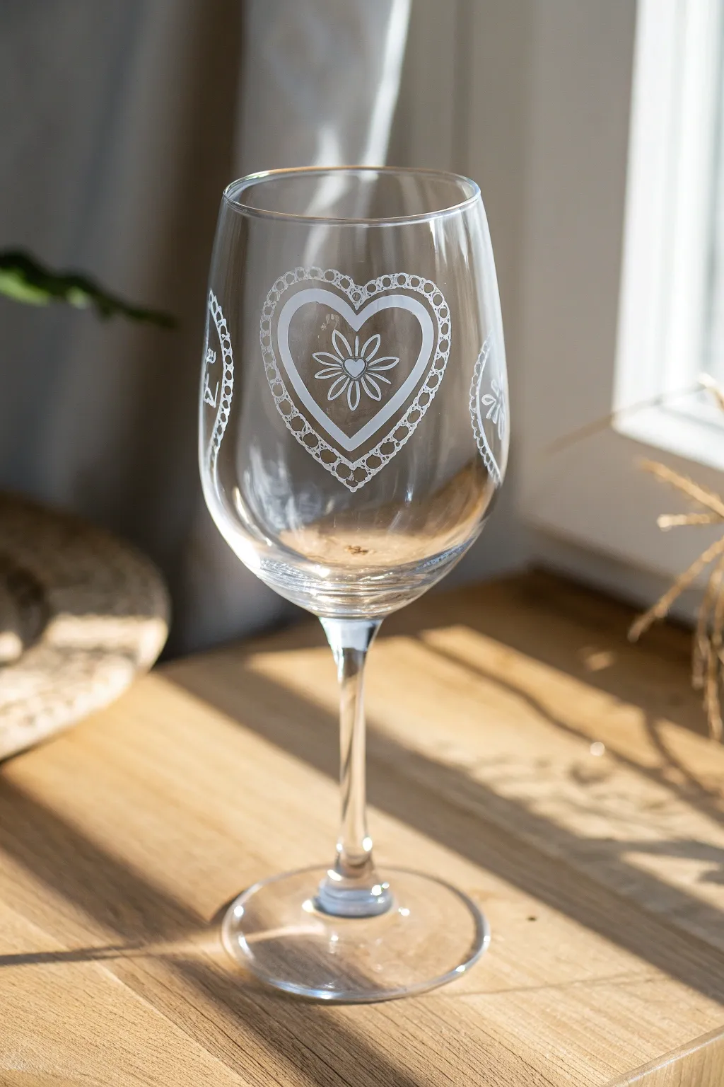 Peek-perfect stencil: a crisp heart motif revealed on a minimalist DIY wine glass