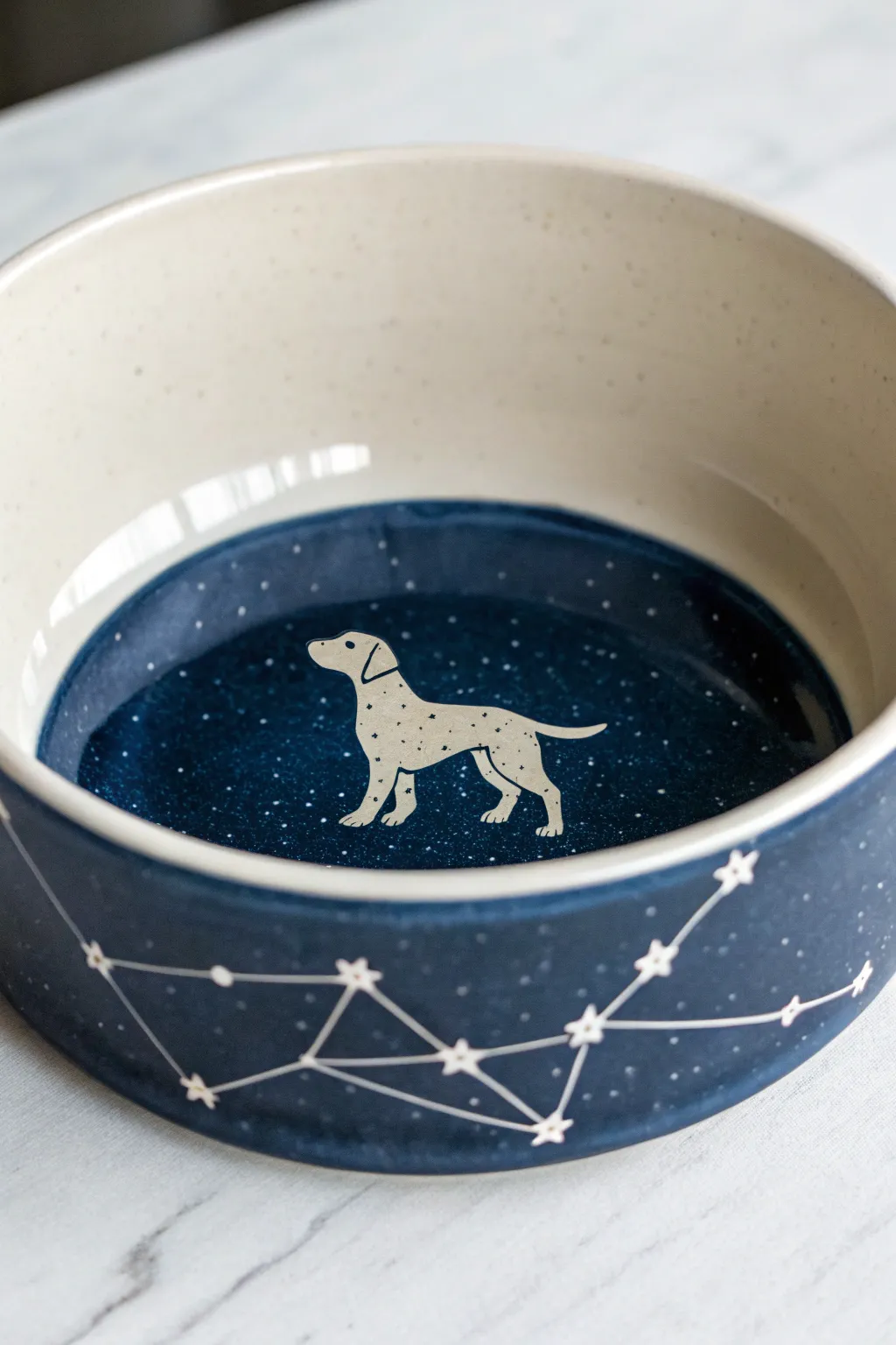 Midnight navy dog bowl with a delicate constellation pup, minimalist and moody