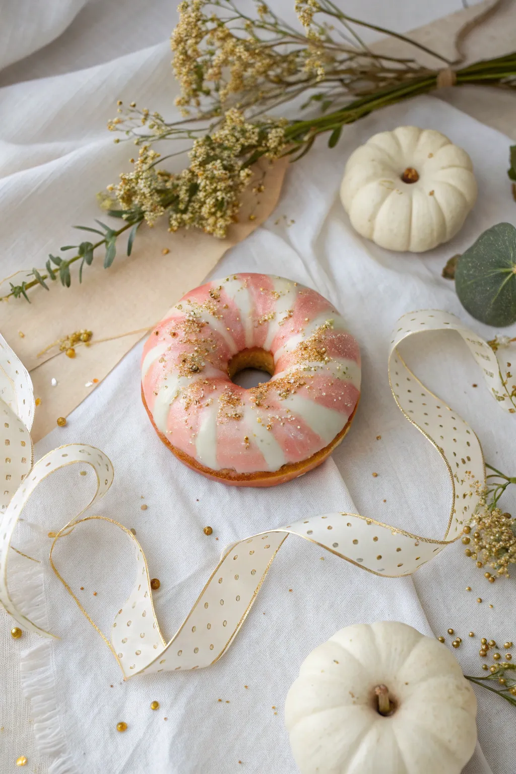 Top-down donut pumpkin with creamy marbled glaze swirls and minimalist sprinkles