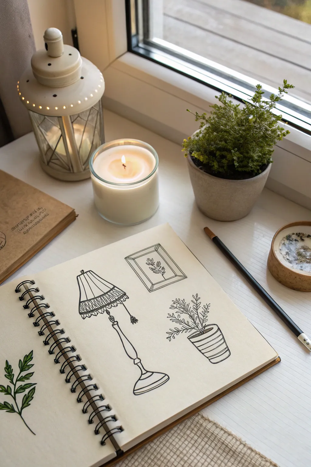 Minimal cozy home doodles on a clean sketchbook page, Scandinavian boho simplicity.