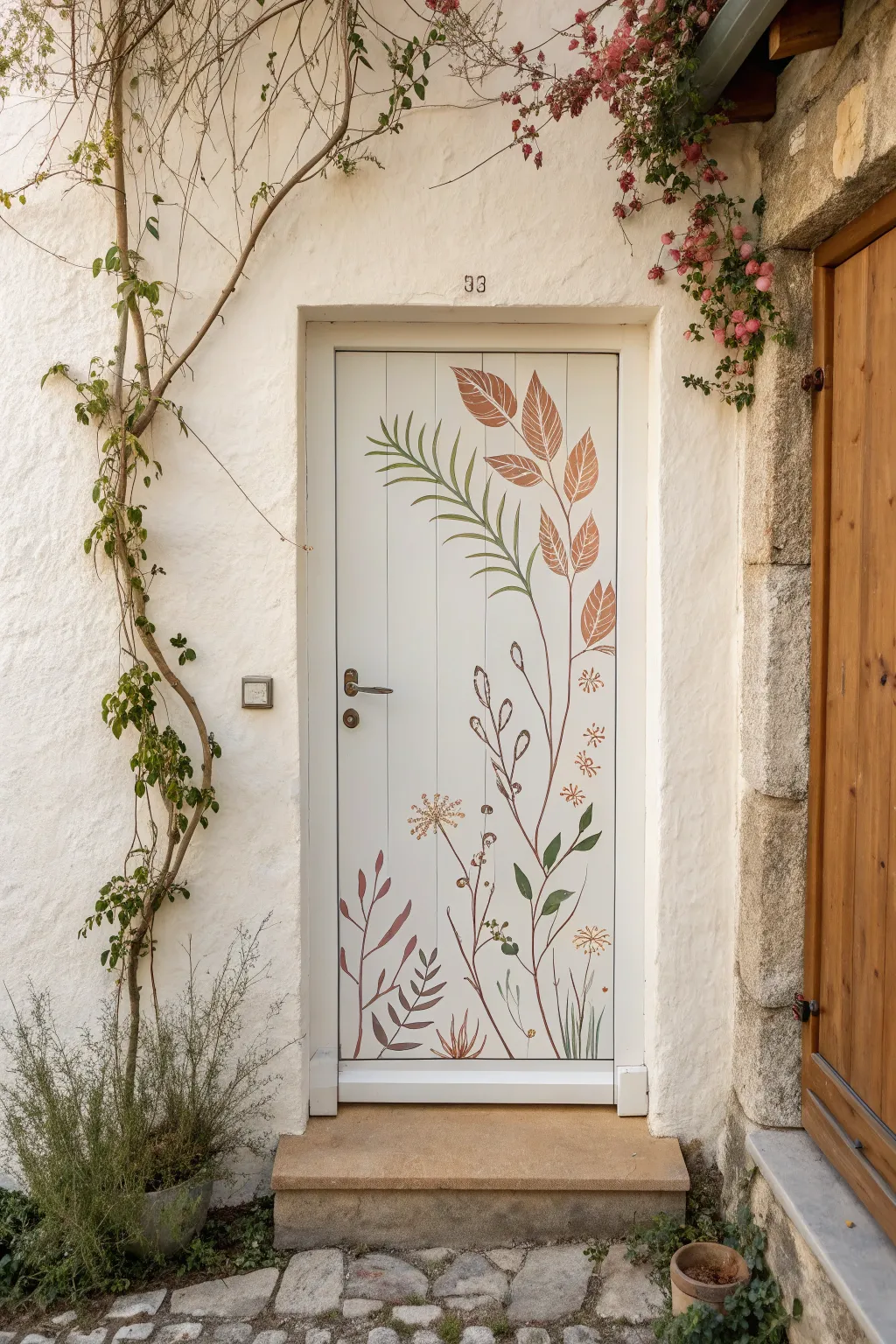 Whimsical vines spill from door to frame and wall for an immersive, boho-minimal entry.