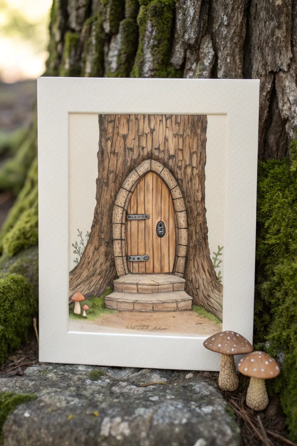 Tiny arched door in a tree trunk, minimalist ink and watercolor with cozy mushrooms nearby