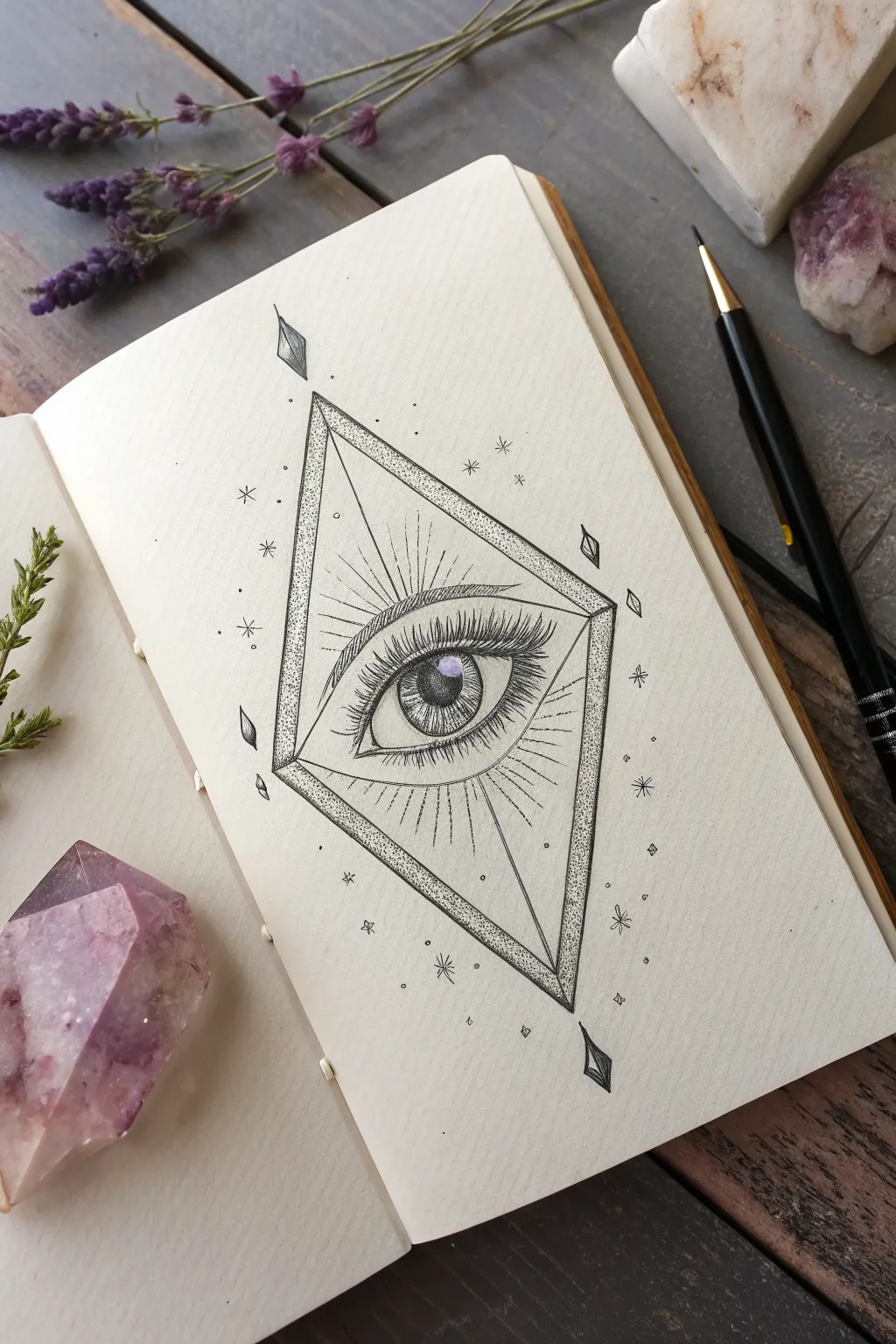 Portal Diamond drawing idea: a single watcher eye, smoky shading, floating debris, clean minimal vibe