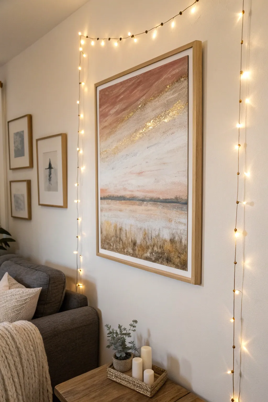 Metallic accents glow under dorm string lights for a cozy minimalist night vibe