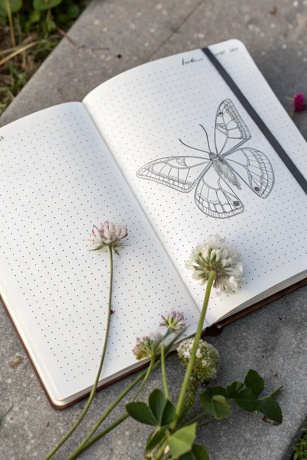Symmetry studies on dot grid: mirrored butterfly wing and a flower with dot-counted petals