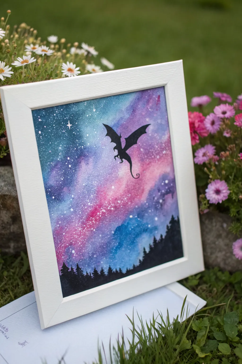 Galaxy sky dragon made easy: black silhouette over a purple-blue nebula with splatter stars