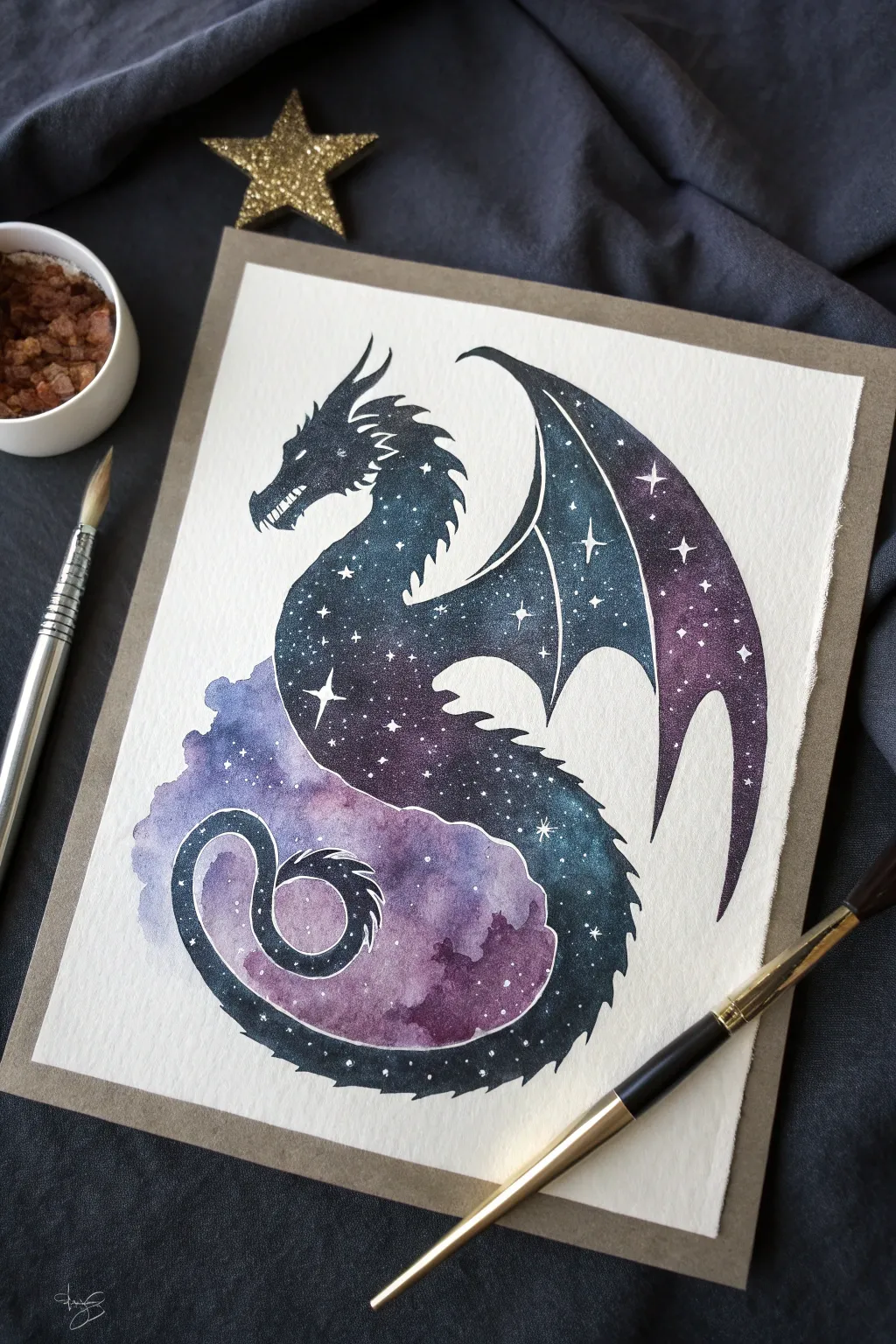 Cosmic dragon silhouette glowing with nebula blues, violets, and star-speckled contrast.