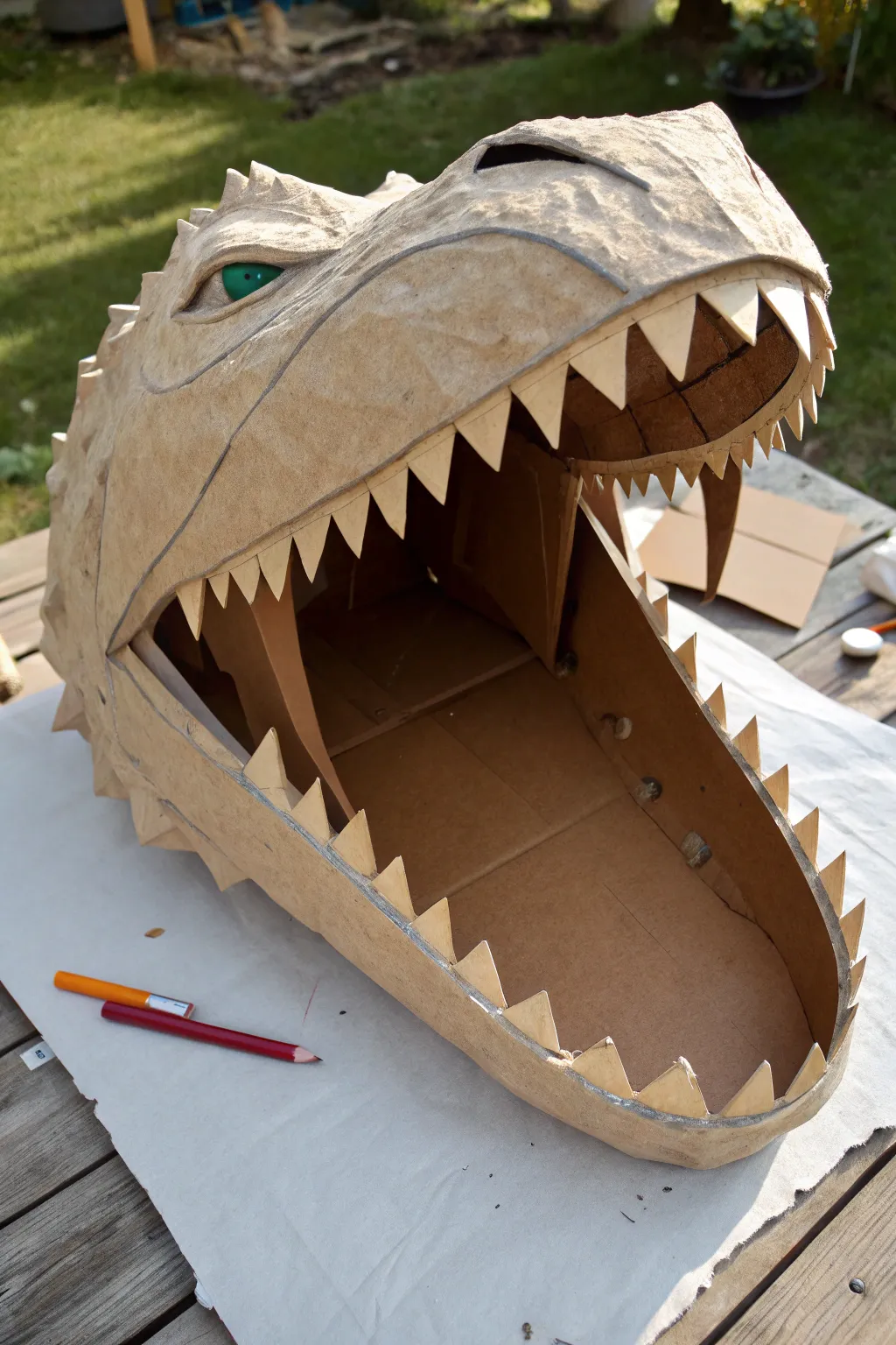Wide-mouth dragon puppet base with toothline sketch and tongue space for bold handmade details.