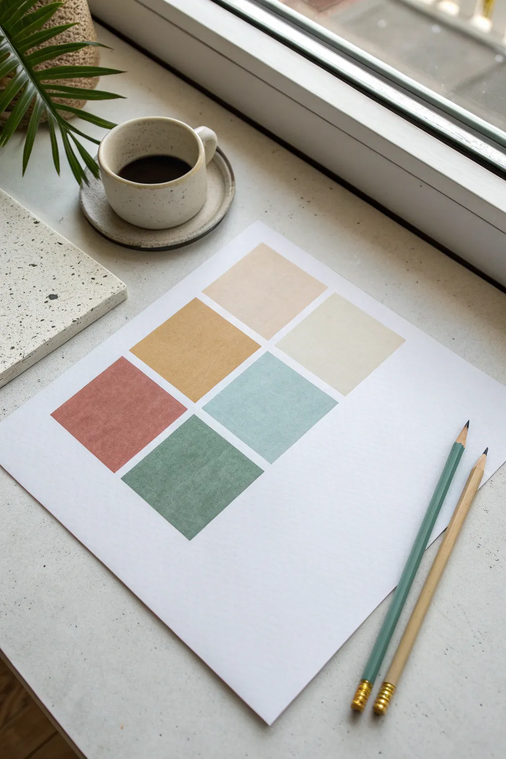 Color-by-shape doodle in 4 calm hues for a tidy limited-palette coloring idea