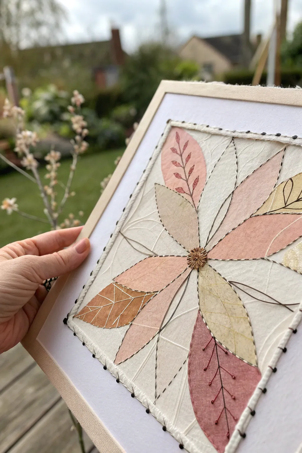 Torn paper, visible stitches, and crisp pen lines for a minimalist Boho drawing collage idea