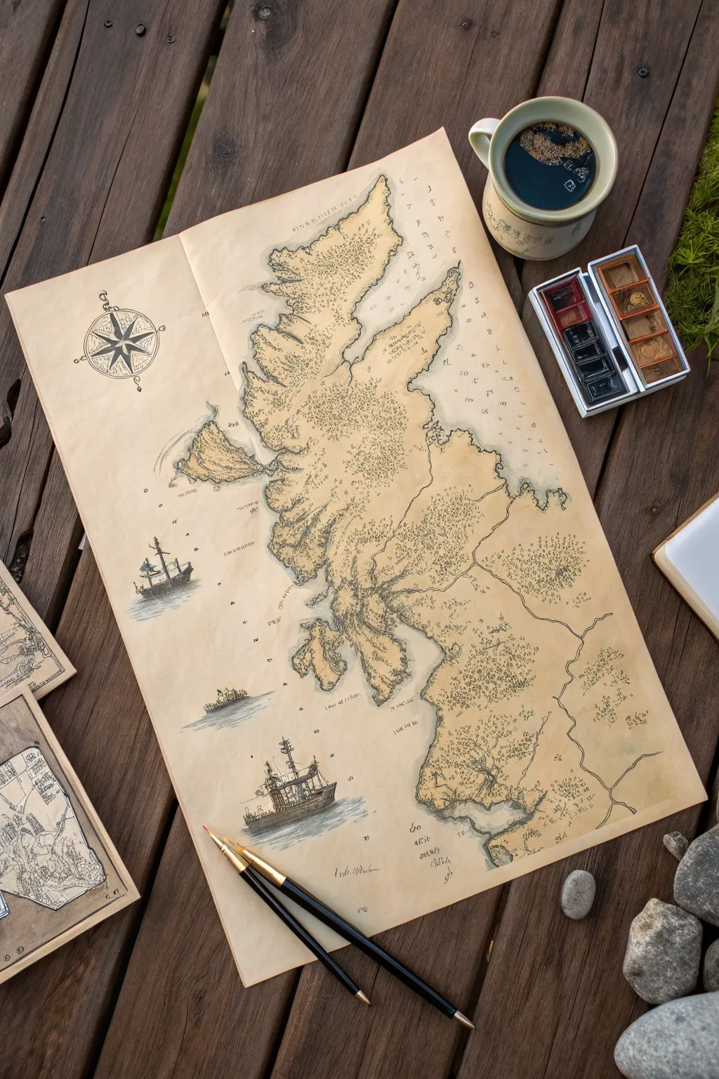 Fantasy map with inset zooms of a coastal city and mountain pass, clean Scandinavian boho style.