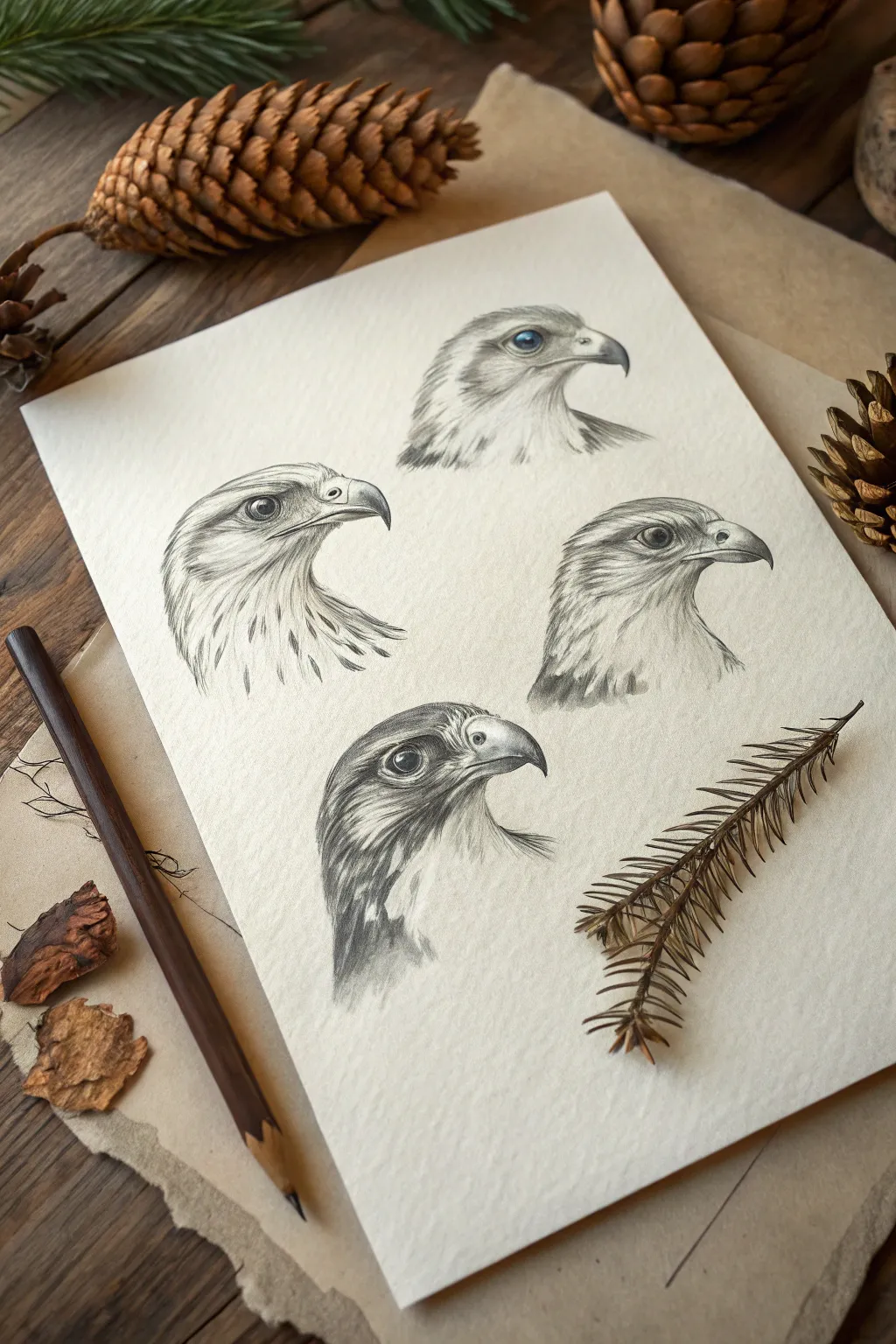 Minimal bird head lineup highlighting beak shapes from tiny cones to dramatic curves