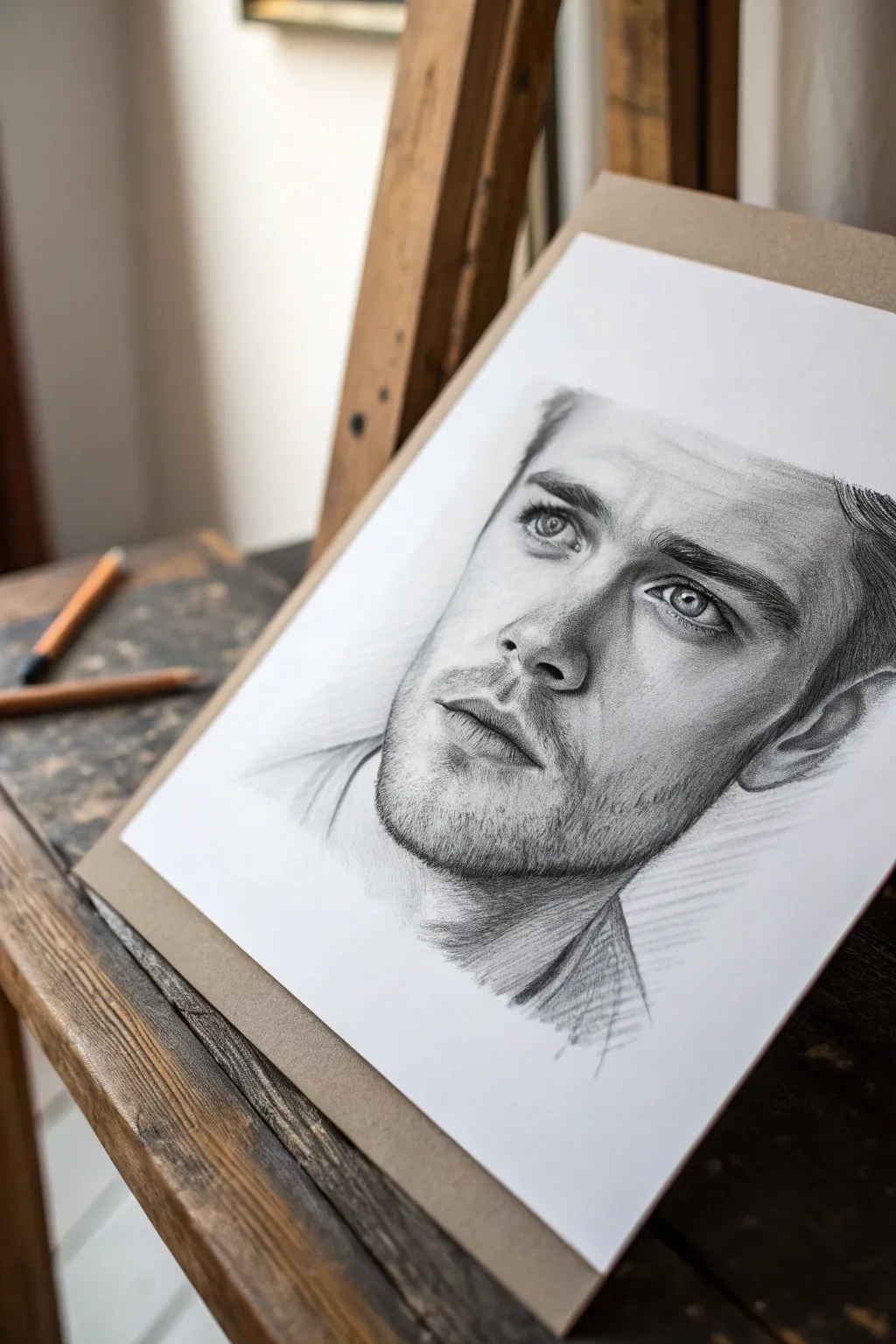 Upward-gazing face sketch with bold shadows, minimalist Nordic-boho mood for emotional impact.