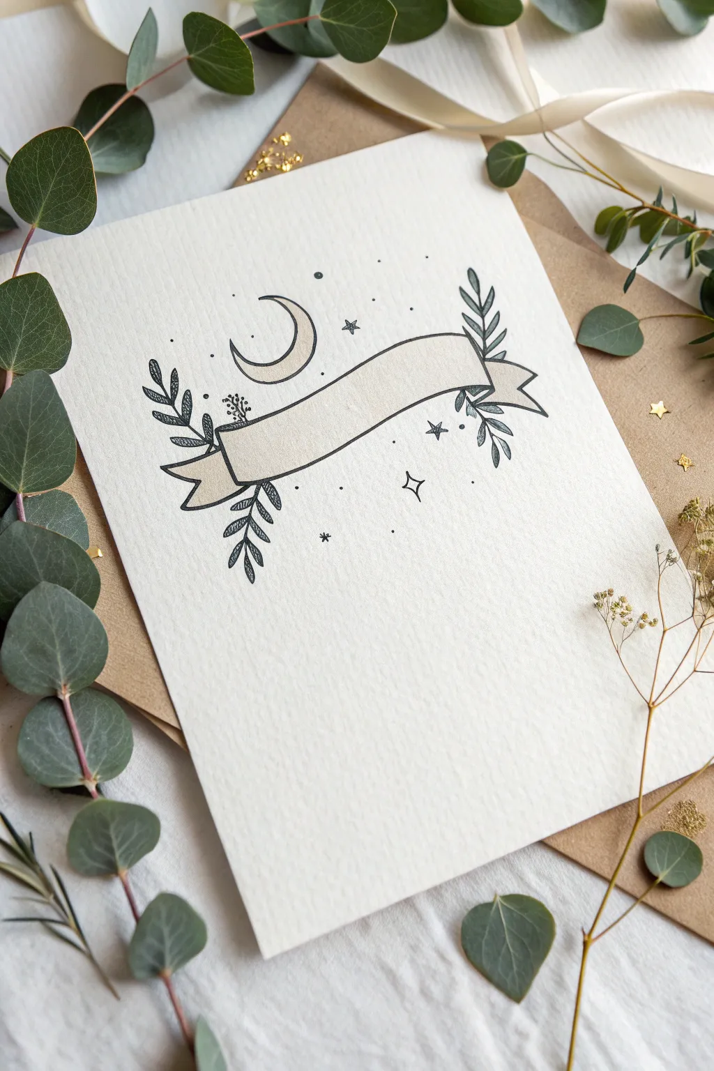 Minimal ribbon banner sketch with moon, leaves and sparkles for elegant quote lettering practice