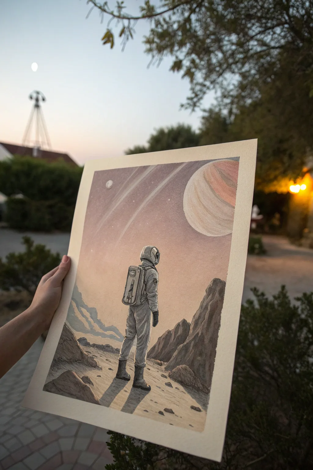 Minimal space explorer with bold shapes and dramatic light, a fun new planet drawing idea