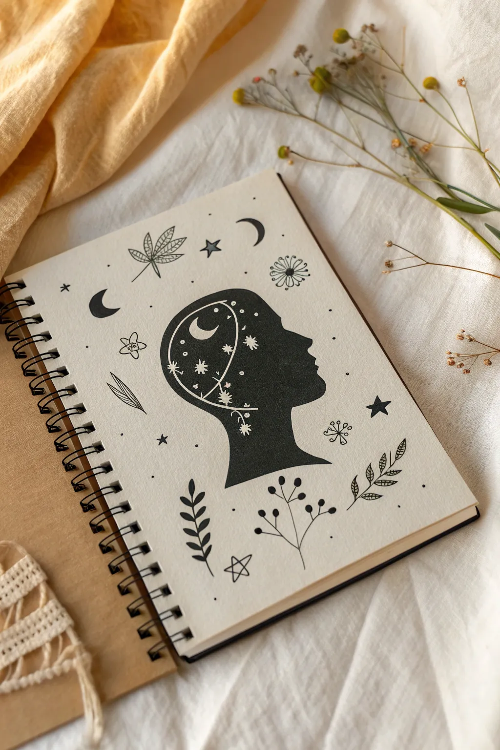 Silhouette filled with calming patterns and symbols, a minimalist what is in your head drawing idea