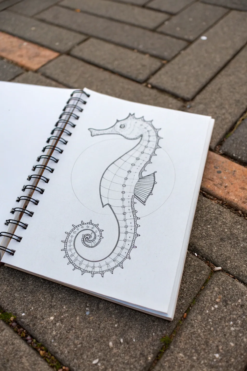 Step by step seahorse drawing from an S-curve, minimal lines and high contrast for beginners