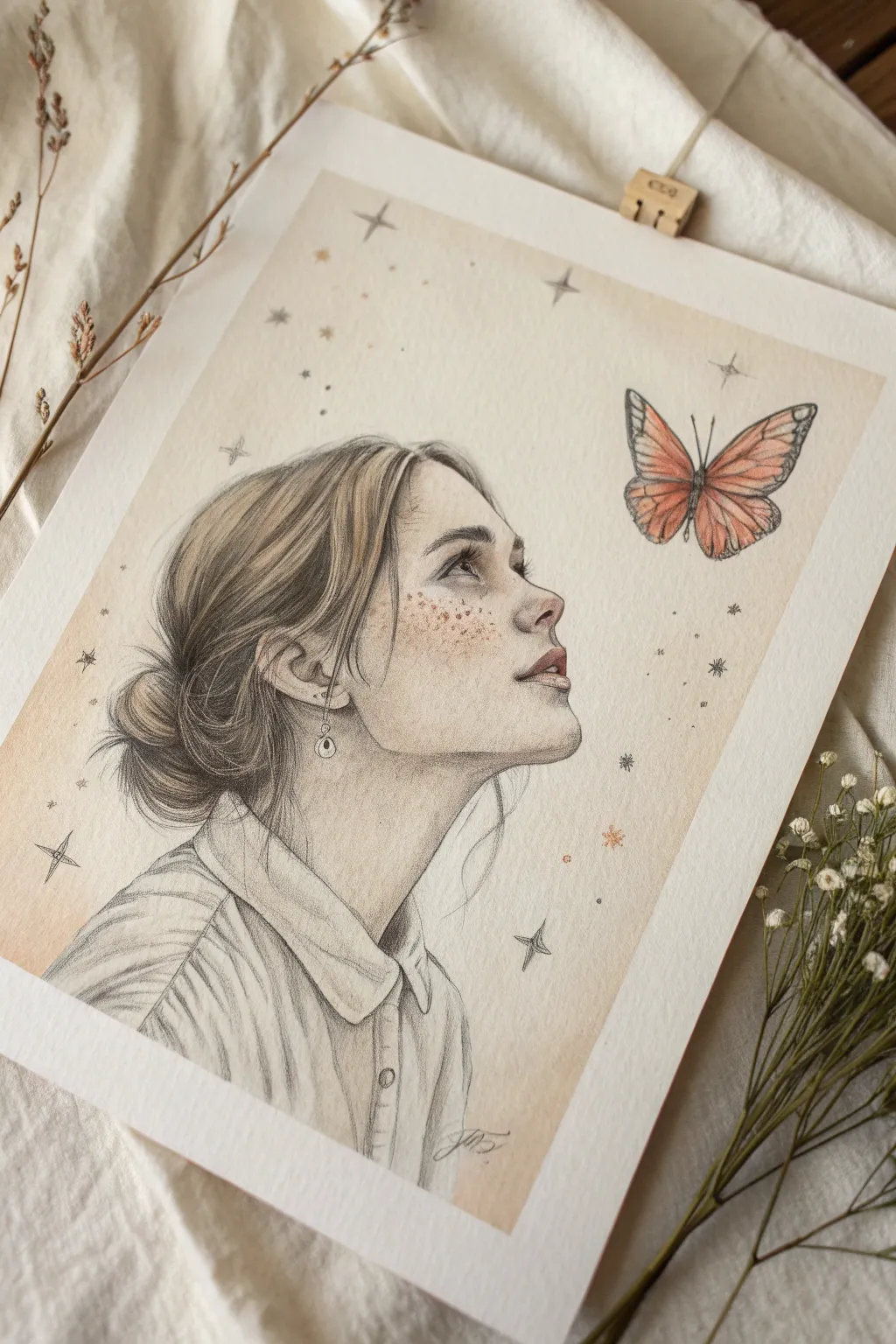 Dreamy girl portrait with a butterfly at her cheek, soft sparkles, minimalist boho mood