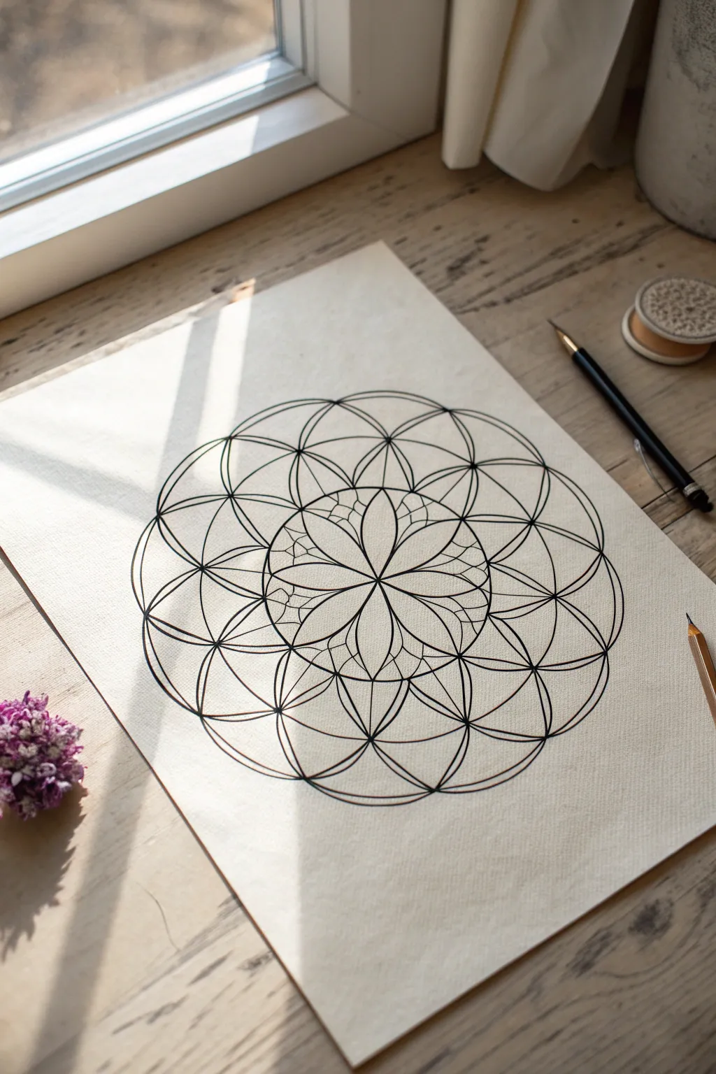 Geometric flower mandala idea with calm symmetry, neat spacing, and satisfying pattern details