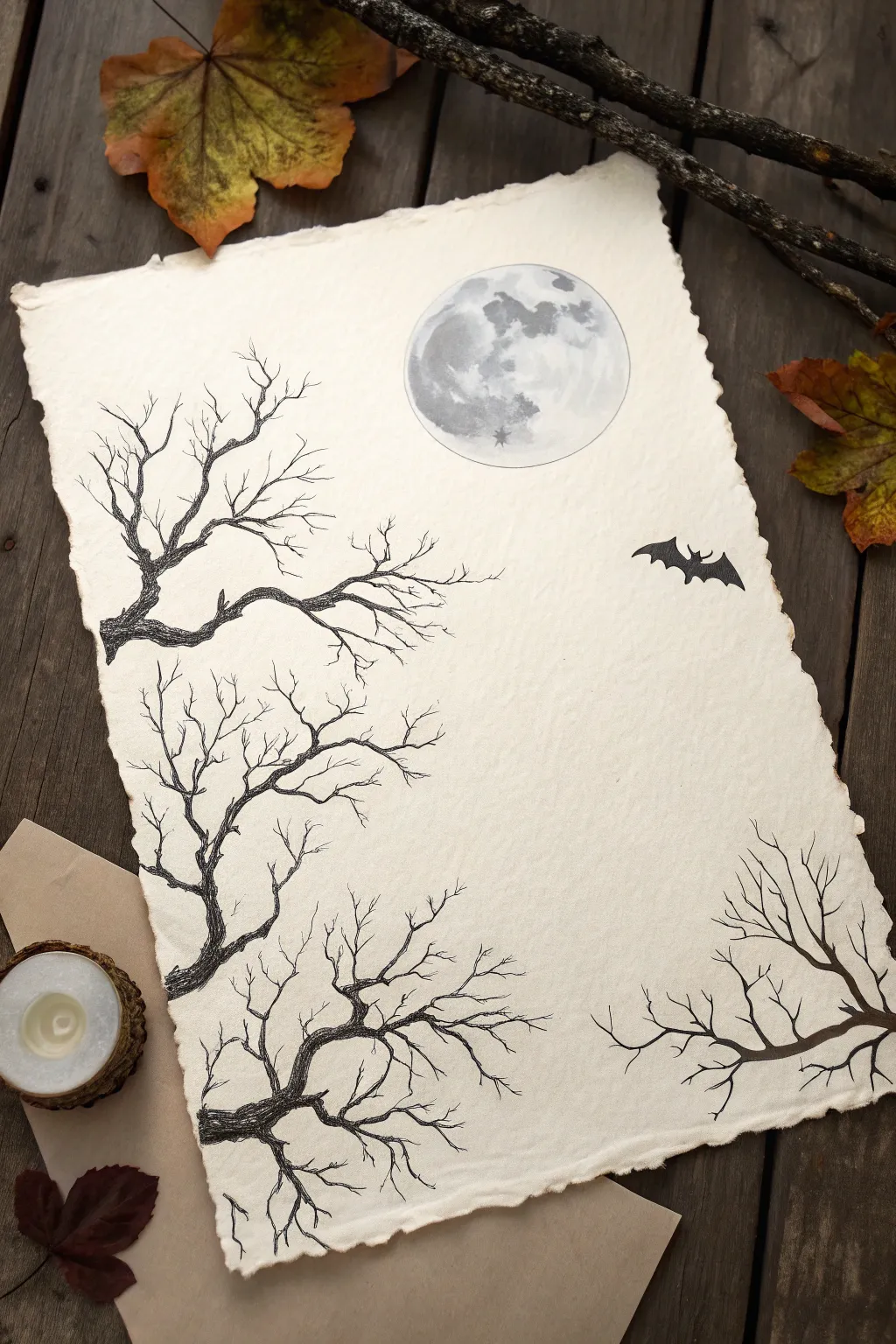 Minimal ink branches frame a quiet moonlit Halloween moment, perfect for simple spooky drawing ideas