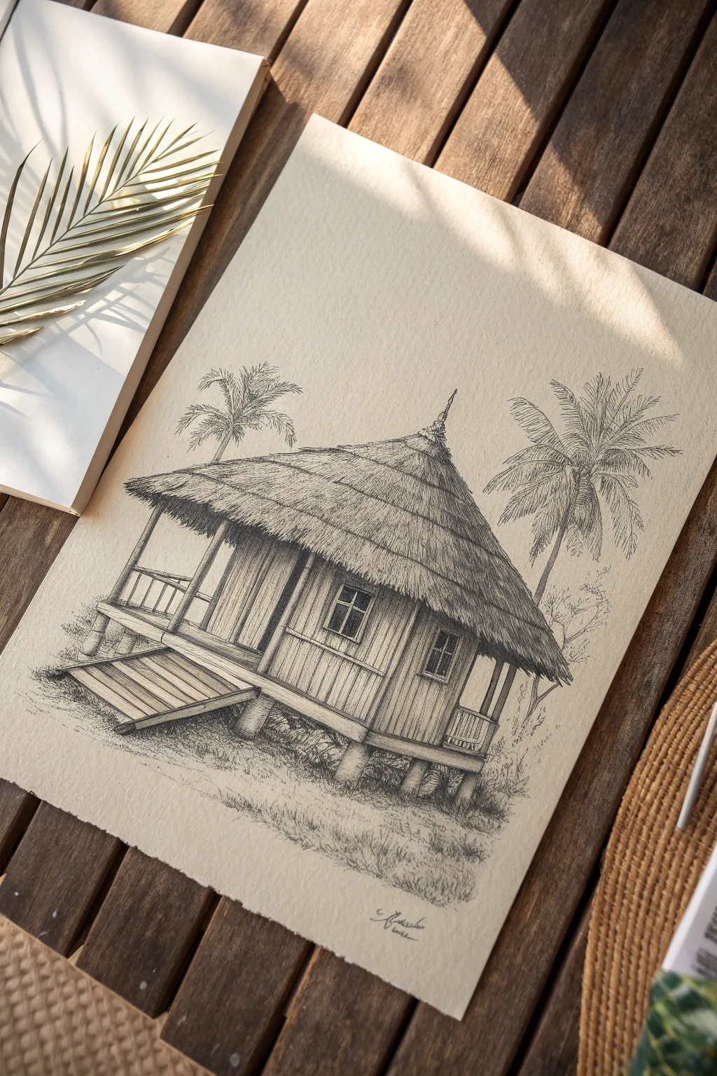 Escape to the tropics with this simple and aesthetic thatched hut sketch idea.