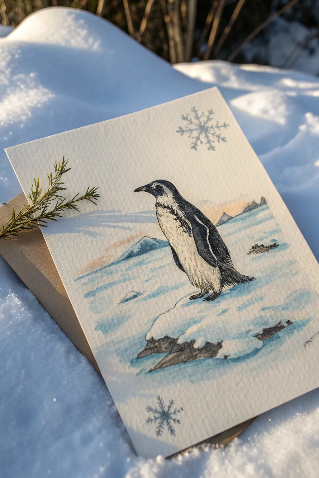 Minimal penguin sketch in a tiny snow scene, calm white space and crisp contrast.