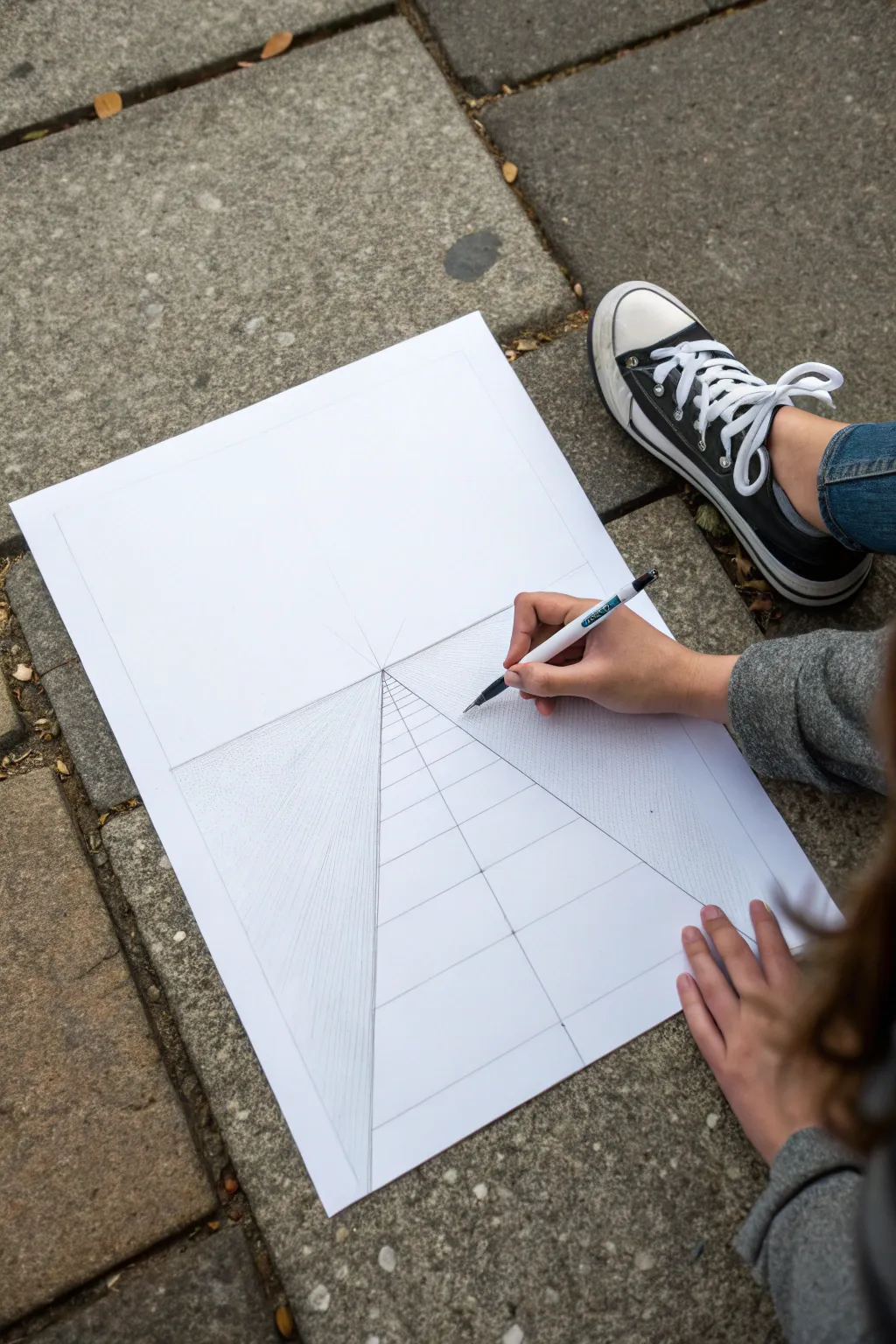 Minimal pencil street corner in one-point perspective, clean lines and calm Nordic mood.