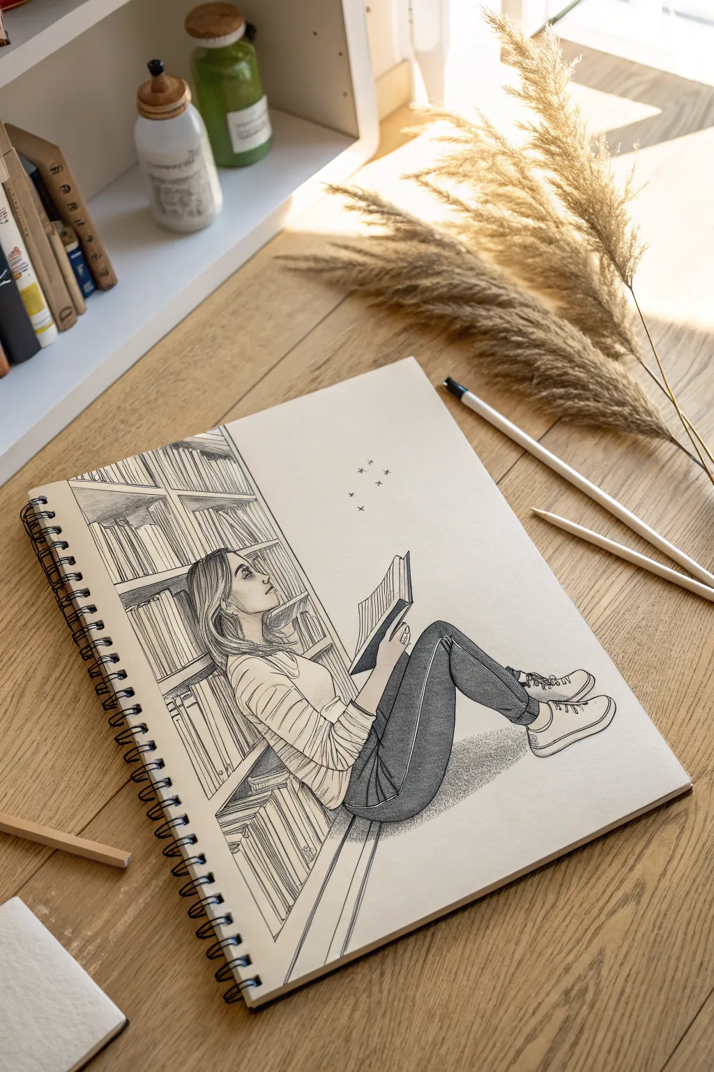 Learn to use environmental props like bookshelves to ground your figure sketches.