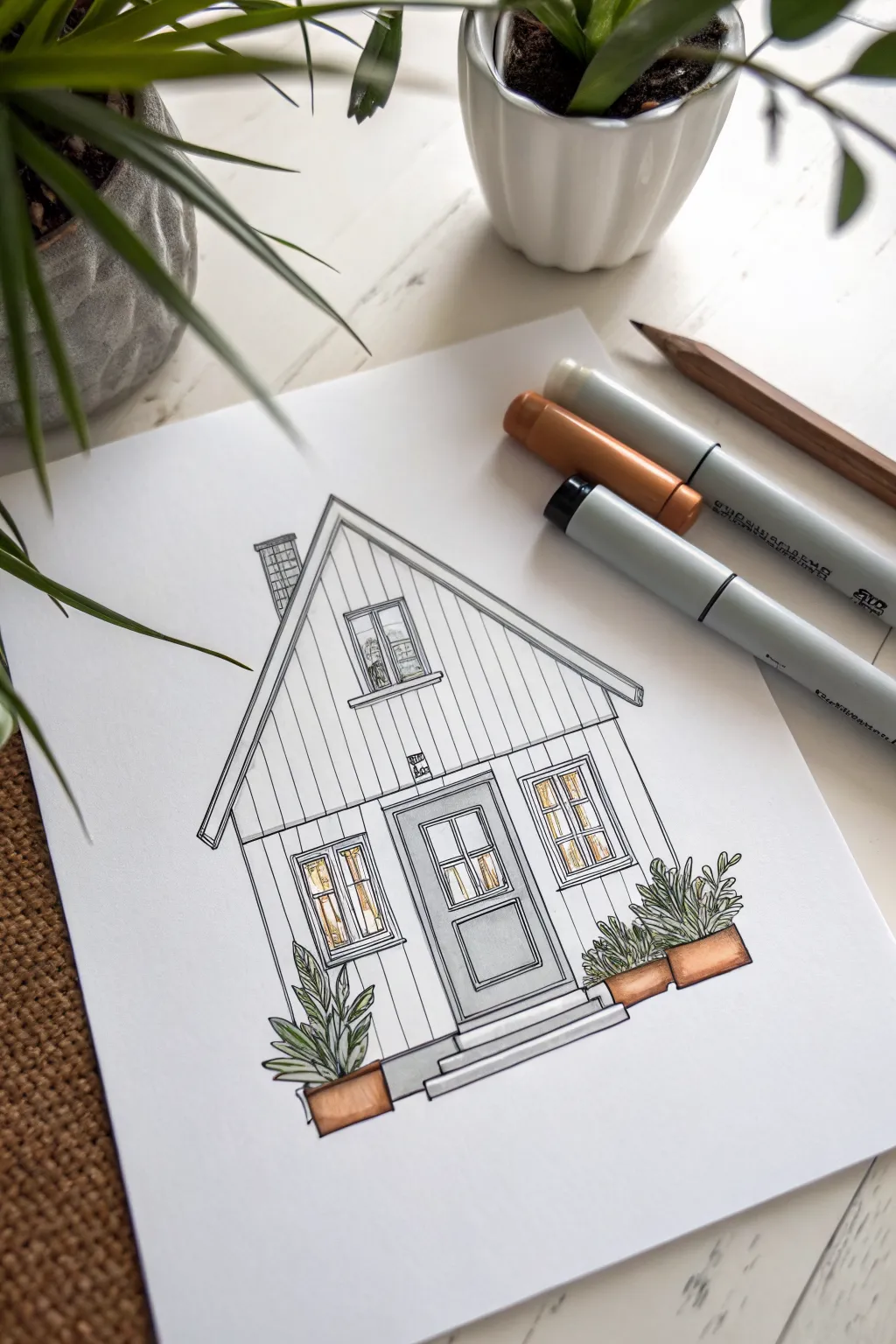 Cozy house facade in warm layered marker shadows, minimalist Scandinavian with a soft boho feel