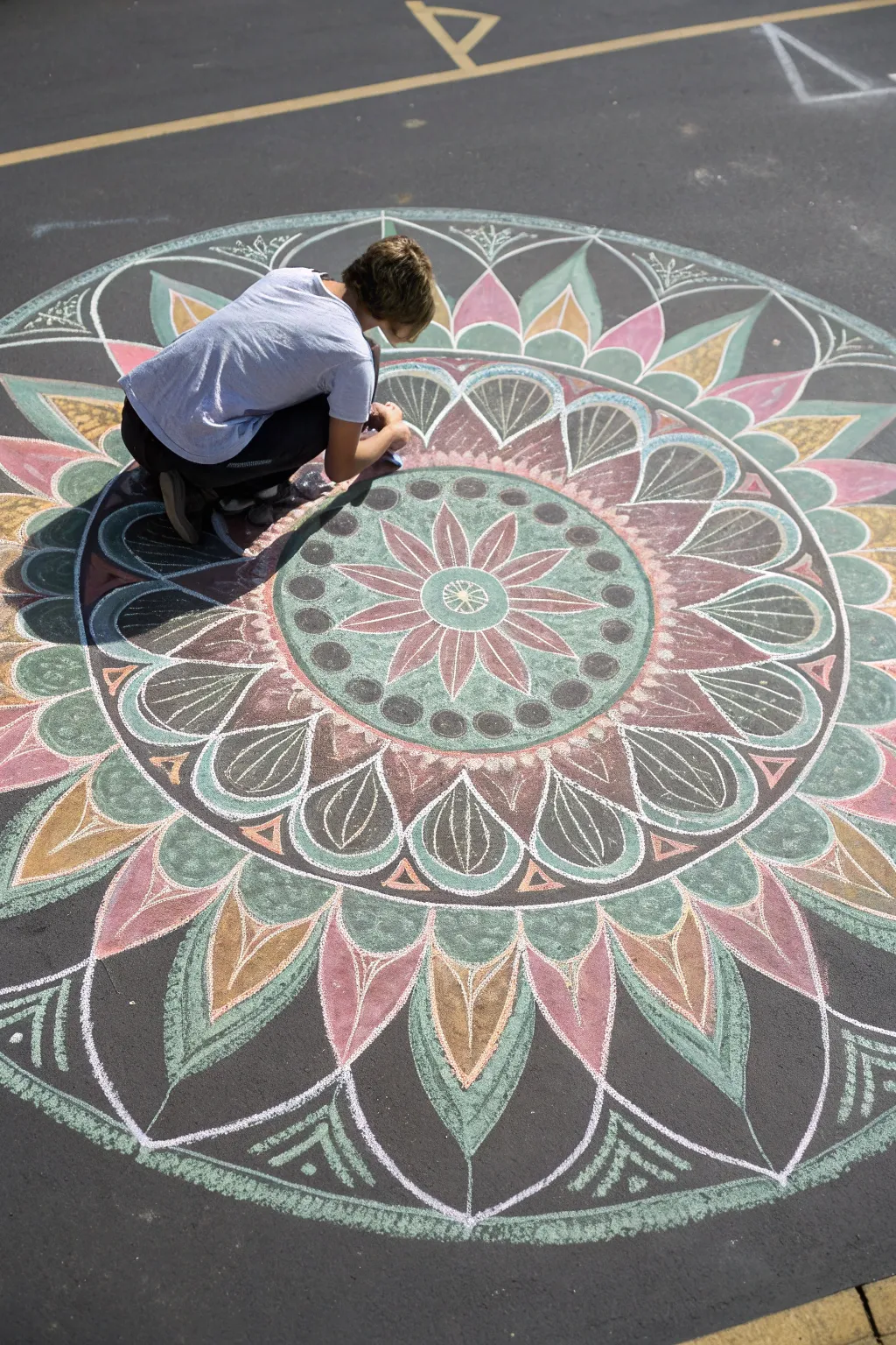 Relaxing chalk mandala: crisp geometric circle ready to color in with soft boho pastels