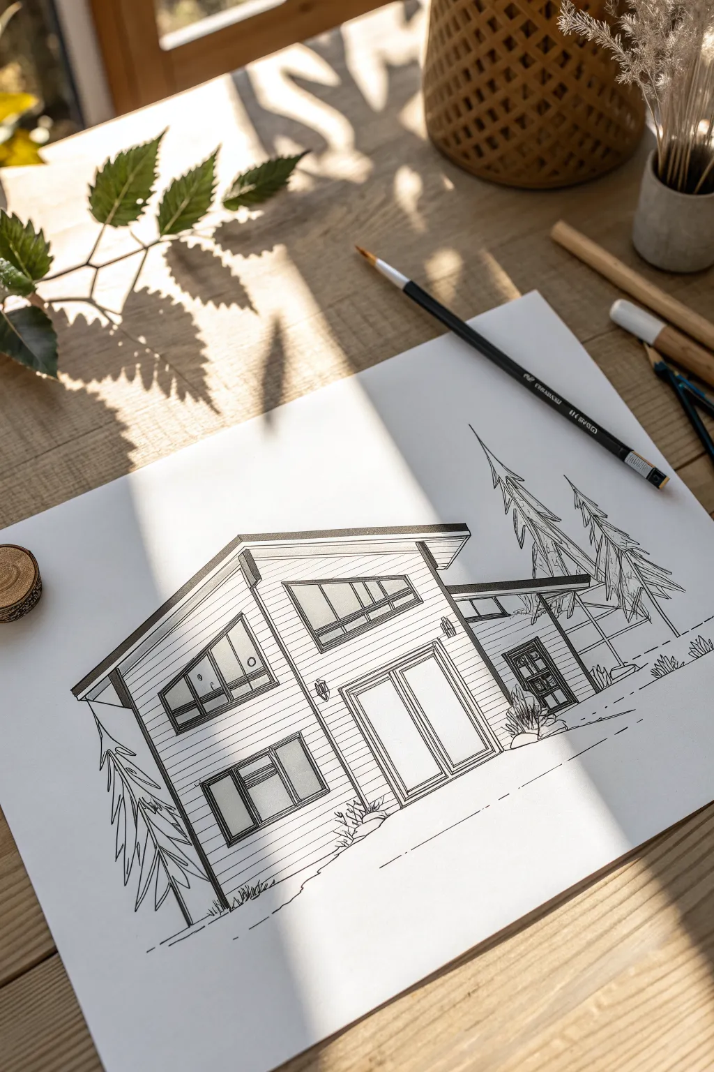 Minimal line-art modern house silhouette—clean lines, airy white space, Scandinavian calm.