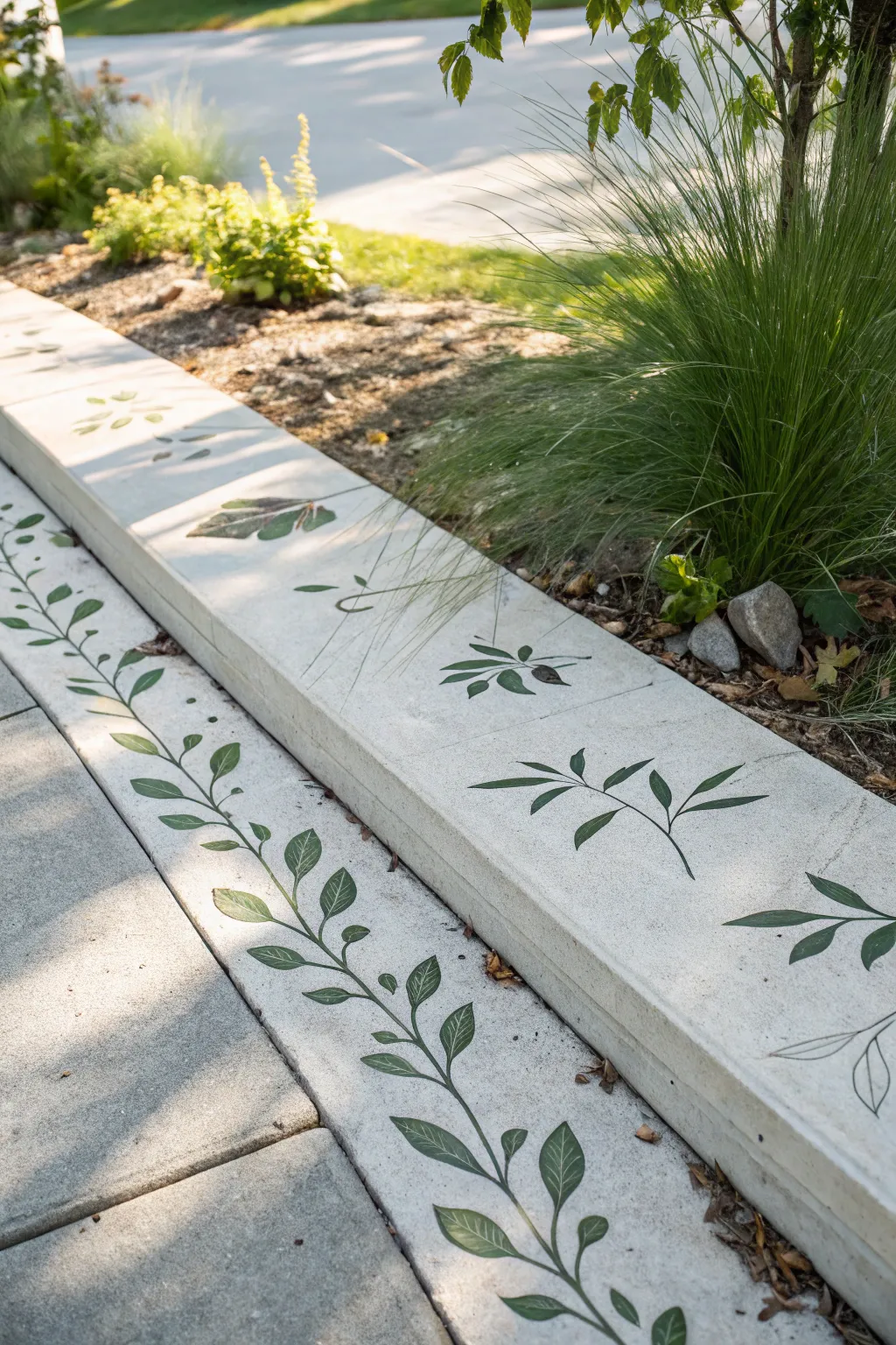 Leaf-shadow botanical border adds a calm, nature-inspired finish to a minimalist driveway edge